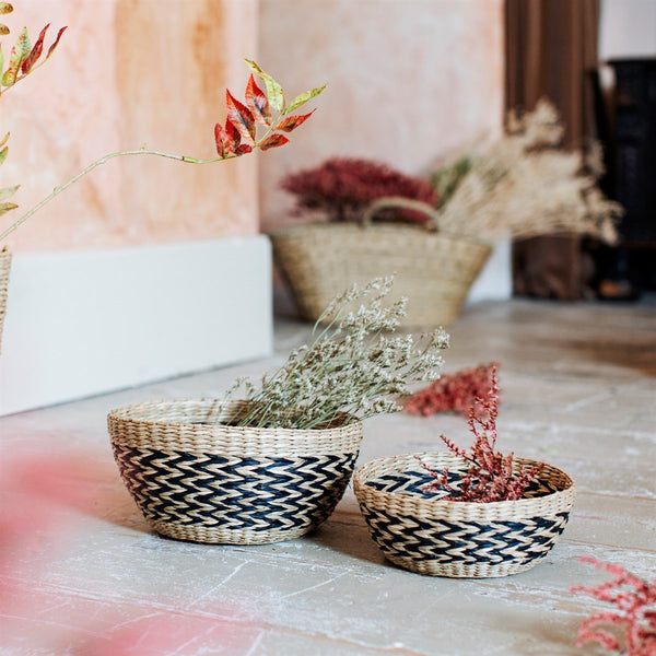 Black Chevron Seagrass Decorative Bowls - Set of 2