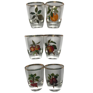 Vintage Drinking Glasses With Fruit Design & Gold Rim - Set of 6